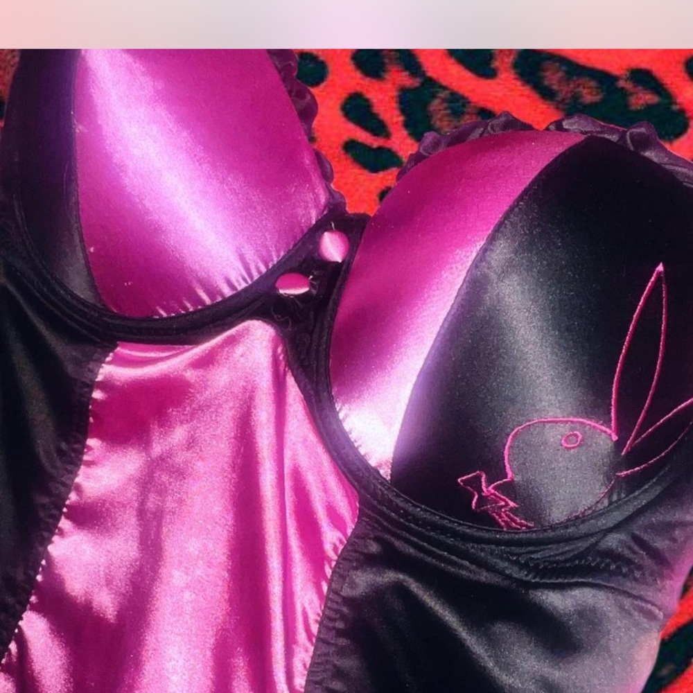 PLAYBOY Pink and Black Satin Bra with Molded Cups